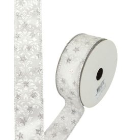 Karácsonyi szalag drótos szegéllyel 4cm széles - ezüst csillagos   Karácsonyi szalag drótos szegéllyel 4cm széles - ezüst csillagos