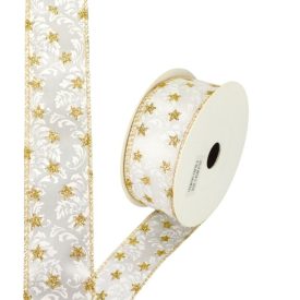   Karácsonyi szalag drótos szegéllyel 4cm széles - arany csillagos