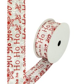   Karácsonyi szalag drótos szegéllyel 4cm széles - piros hohoho