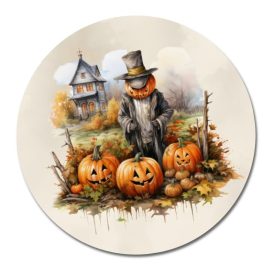   Nyomtatott fa tábla koszorú közép - Madárijesztő tökökkel 11,8