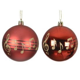 Hangjegy mintás műanyag gömb piros 8cm