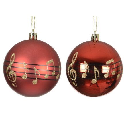 Hangjegy mintás műanyag gömb piros 8cm