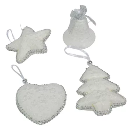 Textil akasztós karácsonyi dísz fehér-ezüst 7cm