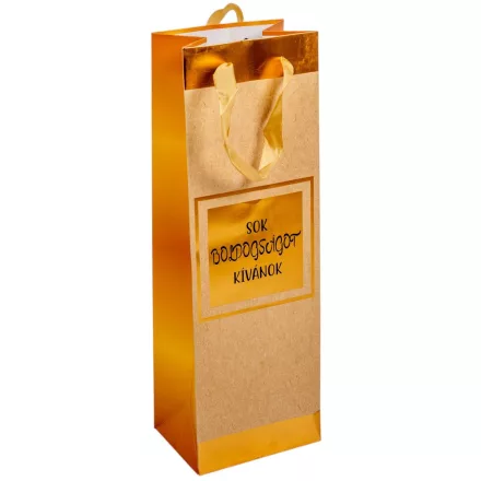 Ajándék tasak sok boldogságot kívánok felirattal natúr-arany  12x36cm