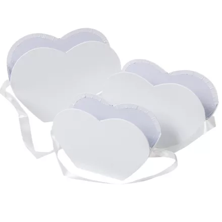 Papír doboz szív alakú szatén akasztóval fehér 24-22-19cm 3db-os csomag