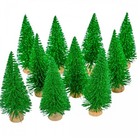 Mini fenyő zöld glitteres fa talpon 10cm 10db-os csomag