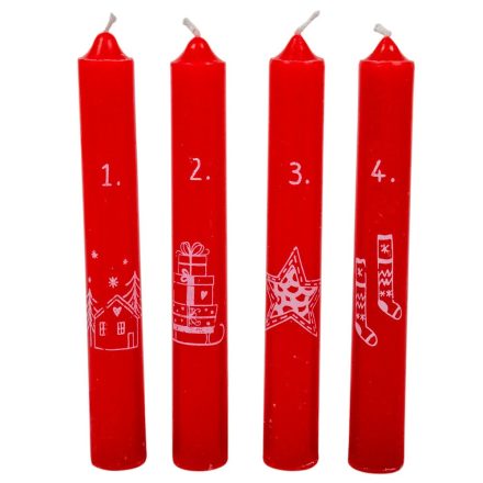 Karácsonyi mintás szálas gyertya piros 16cm 4db/csom (db ár)
