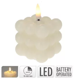  Golyós kocka gyertya ivory LED-es időzítős elemes (elemmel) 6x6cm