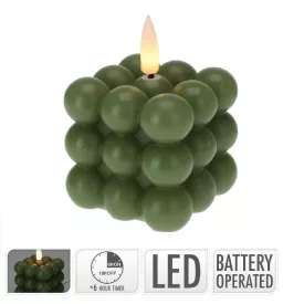   Golyós kocka gyertya zöld LED-es időzítős elemes (elemmel) 6x6cm
