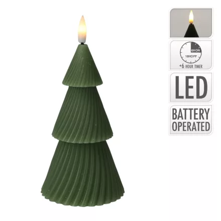 Stilizált fenyő gyertya LED-e zöld időzítős elemes (elem nélkül) M15cm