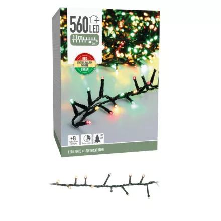 Sűrű fényfüzér 560 LED-es transzparens időzítős programos adapterrel piros-meleg-zöld