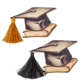   Nyomtatott fa tábla  Diplomaosztó kalap fekete-arany bojttal 8cm 2db-os csomag