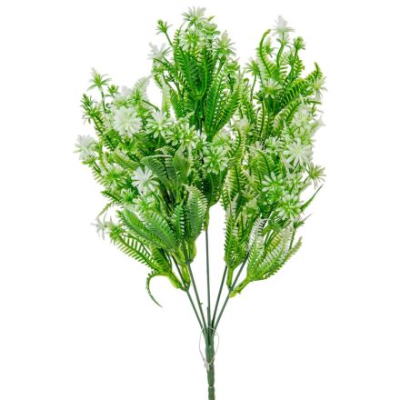 Páfránylevél apró virágos csokor 5 ágú zöld-fehér 33cm