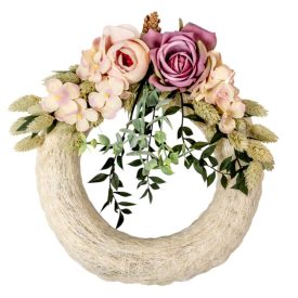 Szizálos szalma koszorú selyem és szárazvirág díszitéssel 22cm   Szizálos szalma koszorú selyem és szárazvirág díszitéssel 22cm