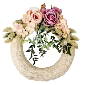   Szizálos szalma koszorú selyem és szárazvirág díszitéssel 22cm