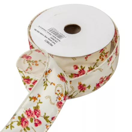 Textil szalag virág mintás krém 3,8cmx10yard