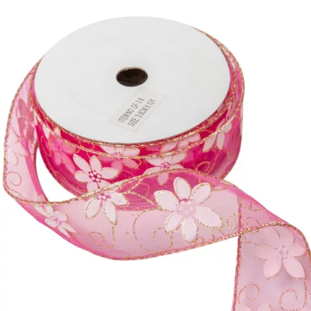 Aranyszélű drótos organza szalag virág mintás sötét rózsaszín 3,8cmx10yard