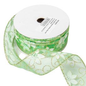   Aranyszélű organza szalag virág mintás zöld 3,8cmx10yard