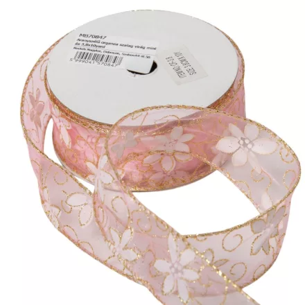 Aranyszélű drótos organza szalag virág mintás világosrózsaszín 3,8cmx10yard