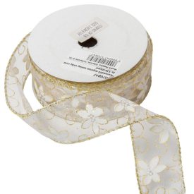   Aranyszélű drótos organza szalag virág mintás fehér 3,8cmx10yard