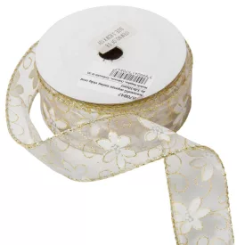   Aranyszélű drótos organza szalag virág mintás fehér 3,8cmx10yard