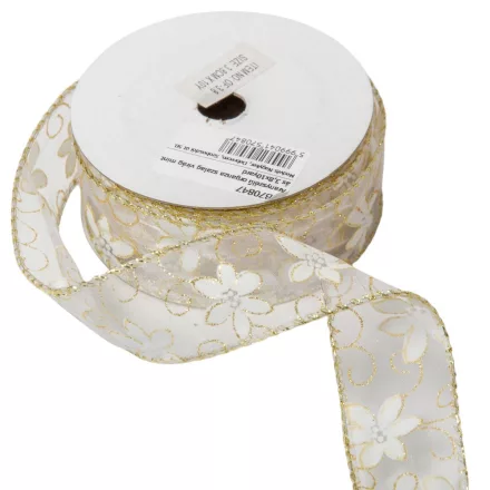 Aranyszélű drótos organza szalag virág mintás fehér 3,8cmx10yard