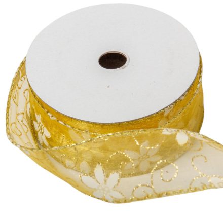 Aranyszélű drótos organza szalag virág mintás sárga 3,8cmx10yard