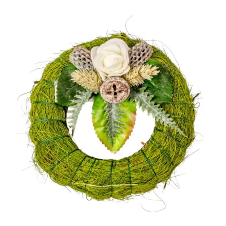 Szizálos széna koszorú szárazvirág díszítéssel zöld 12cm
