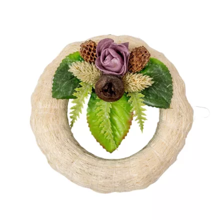 Szizálos széna koszorú szárazvirág díszítéssel fehér 12cm