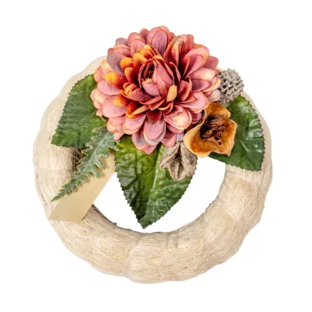 Szizálos széna koszorú szárazvirág díszítéssel fehér 15cm 