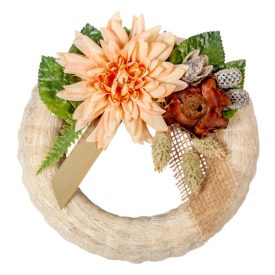 Szizálos széna koszorú selyem és szárazvirággal fehér 20cm   Szizálos széna koszorú selyem és szárazvirággal fehér 20cm