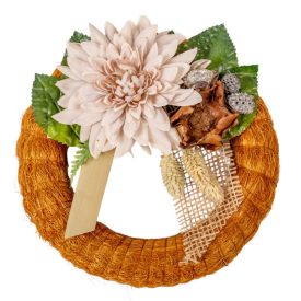 Szizálos széna koszorú selyem és szárazvirággal barna 20cm   Szizálos széna koszorú selyem és szárazvirággal barna 20cm