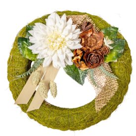 Szizálos széna koszorú selyem ésszárazvirág dízítéssel zöld 25cm   Szizálos széna koszorú selyem ésszárazvirág dízítéssel zöld 25cm