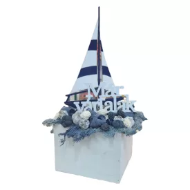 Nyári asztaldísz vitorlással, kék-fehér