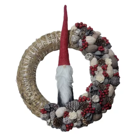Manós téli koszorú, szalmaalapon – 30 cm