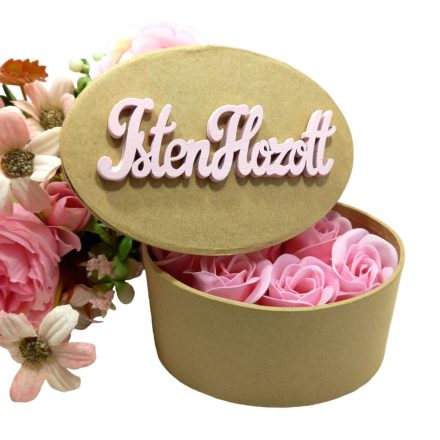 Illatos szappanrózsa natúr ovális dobozban rózsaszín "Isten Hozott" felirattal rózsaszín rózsákkal